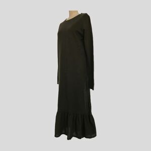 Zara Olive Green 100% Cotton Long Sleeve Ruffle Minimalist Midi Dress M